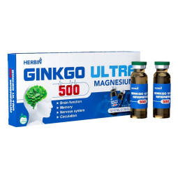 Herbin Ginkgo biloba 500 mg + Magnis, smegenų veiklai ir atminčiai, 10 buteliukų po 10 ml
