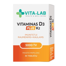 VITA-LAB Vitaminas D3 5000 + K2 200 µg, 30 tablečių VITA-LAB Vitaminas D3 5000 + K2 200 µg, 30 tablečių