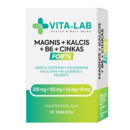 Vita-lab forte maisto papildas magnis + kalcis + B6 + cinkas, 30 tablečių Vita-lab forte maisto papildas magnis + kalcis + B6 + cinkas, 30 tablečių