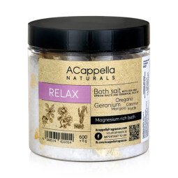 Acappella naturals „Relax“ atpalaiduojanti vonios druska, 600 g  Acappella naturals „Relax“ atpalaiduojanti vonios druska, 600 g