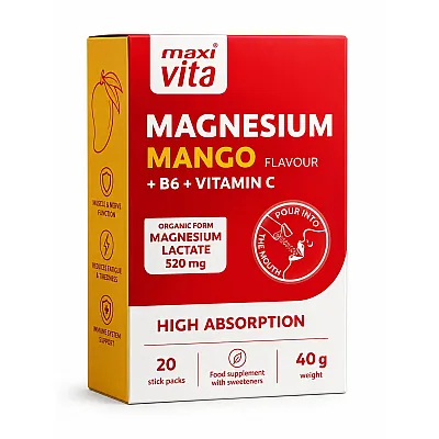 MaxiVita Magnis mangų skonio su vitaminais B6 ir C,  20 pakelių