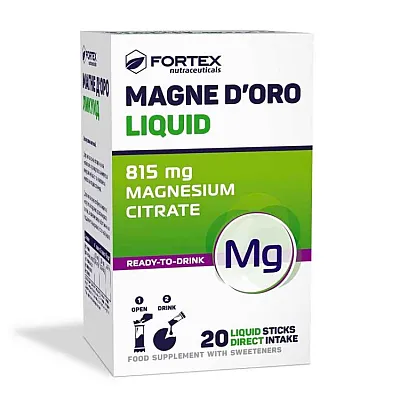 Fortex „Magne D’Oro Liquid“ su saldikliais, 20 pakelių po 15 ml (Magnis citratas)