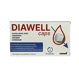 Diawell diabetui, alfa-lipoinė rugštis, cinamonas, imbieras ir chromas, 30 kapsulių