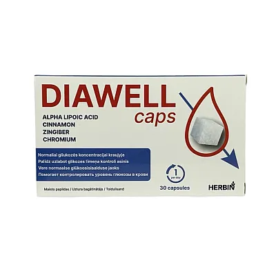 Diawell diabetui, alfa-lipoinė rugštis, cinamonas, imbieras ir chromas, 30 kapsulių