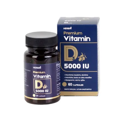 Herbin Premium Vitaminas D3 5000 TV su alyvuogių aliejumi, 60 kapsulių