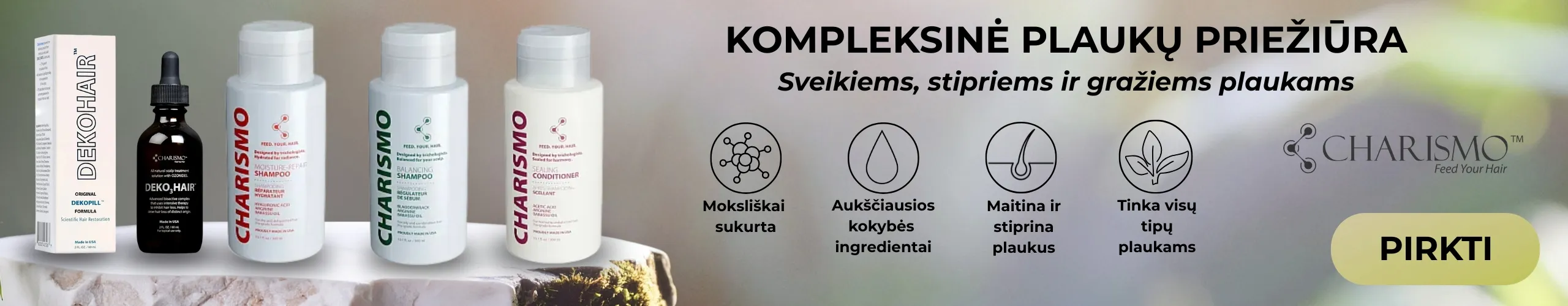 Charismo plaukų priežiūros priemonių linija – šampūnas, kondicionierius ir plaukų serumas sveikiems plaukams