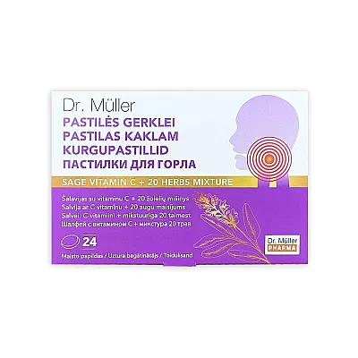Dr. Muller pastilės gerklei šalavijas su vitaminu C + 20 žolelių mišinys, 24 pastilės