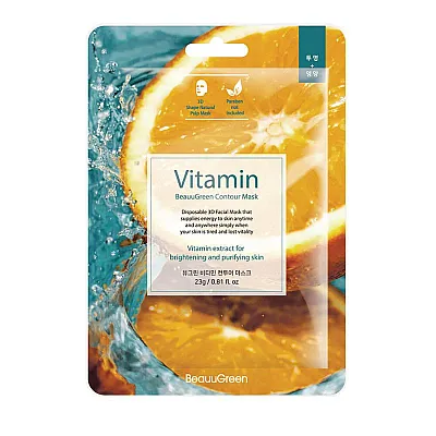 Beauugreen lakštinė kaukė veidui su vitaminais, 23 g