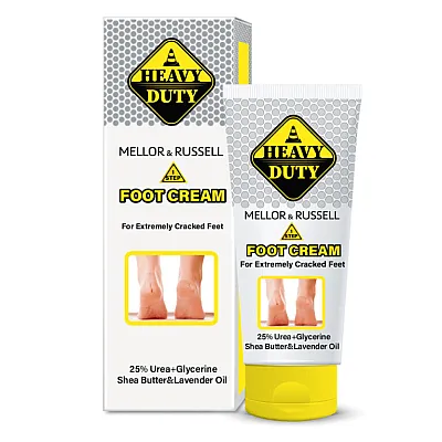Heavy duty minkštas kremas itin sausoms kojoms, kuriame yra 25% karbamido, d-panthenolio, taukmedžio sviesto ir levandų aliejaus, 75 ml