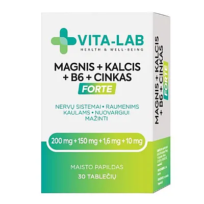 Vita-lab forte maisto papildas magnis + kalcis + B6 + cinkas, 30 tablečių