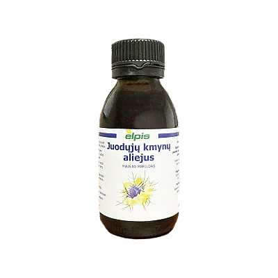 Juodųjų kmynų (Juodgrūdės) aliejus Elpis, nerafinuotas, šalto spaudimo, 100 ml